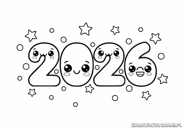 2026 Nowy Rok Kolorowanka - Śmieszne cyfry z uśmiechami i gwiazdkami