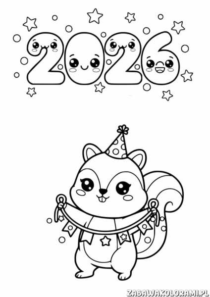 2026 Nowy Rok - kolorowanka z wesołym wiewiórką
