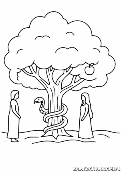 Adam i Ewa Kolorowanka Religijna - kolorowanka przedstawiająca biblijną scenę z Adamem, Ewą, drzewem i wężem