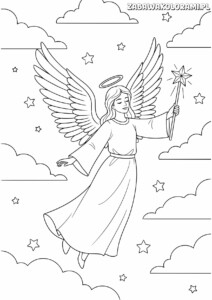 Aniołek – Kolorowanka świąteczna z aniołkiem trzymającym gwiazdę i chmurkami na tle