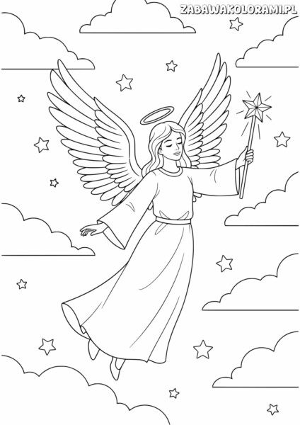 Aniołek – Kolorowanka świąteczna z aniołkiem trzymającym gwiazdę i chmurkami na tle