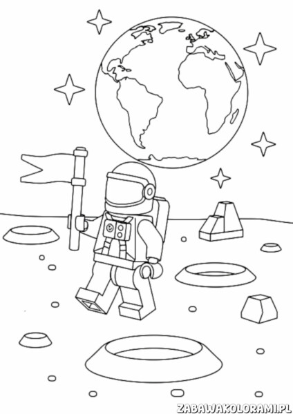 Astronauta – Kolorowanki lego: Astronauta LEGO na Księżycu z flagą i Ziemią w tle