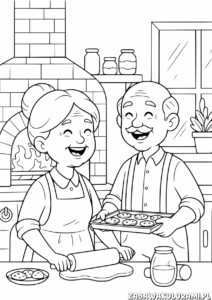Babcia i Dziadzek - kolorowanka z babcią i dziadkiem pieczącymi w kuchni