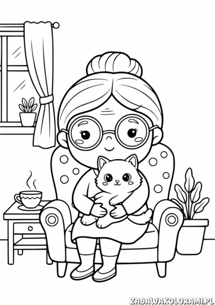 Babcia z kotkiem - kolorowanka dla dzieci. Babcia trzyma kotka w pokoju z roślinami i kubeczkiem herbaty.