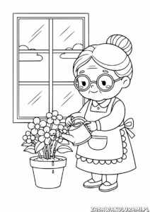 Babcia kolorowanki - babcia podlewająca kwiaty w doniczkach