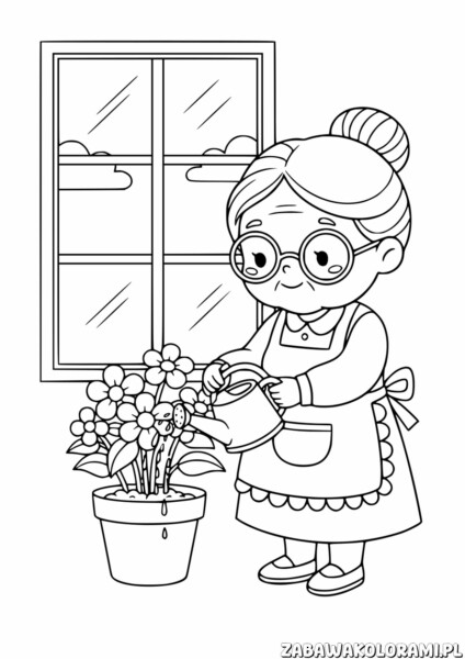 Babcia kolorowanki - babcia podlewająca kwiaty w doniczkach