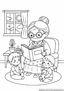 Babcia kolorowanka do druku z wnuczkami czytająca książkę w słonecznym pokoju