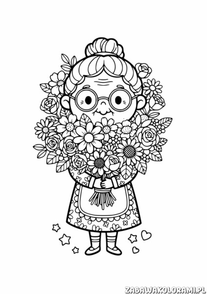 Babcia z kwiatami kolorowanka - babcia z buketem kwiatów
