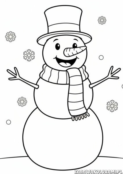 Bałwanek – Kolorowanka zima do druku. Bałwanek w kapeluszu i szalikiem z uśmiechniętą buźką.