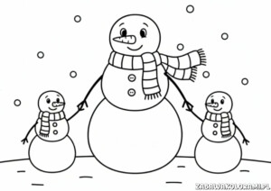 Bałwanki – Kolorowanka zima dla dzieci. Trzy bałwanki w zimowym pejzażu.