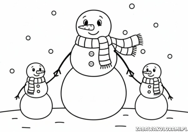 Bałwanki – Kolorowanka zima dla dzieci. Trzy bałwanki w zimowym pejzażu.