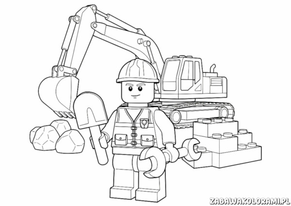 Budowlaniec lego - kolorowanka z budowlańcem i legowymi blokami