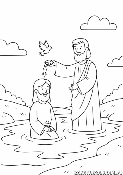 Chrzest w rzece - kolorowanka religijna przedstawiająca chrztę w rzece.
