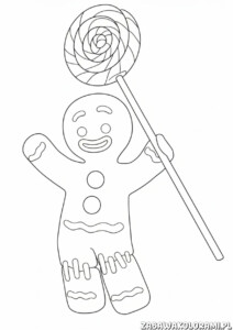 Ciasteczko Shrek kolorowanka – ciasteczko z uśmiechniętą buźką i lizakiem w ręku