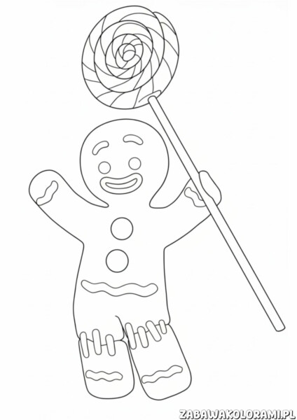 Ciasteczko Shrek kolorowanka – ciasteczko z uśmiechniętą buźką i lizakiem w ręku