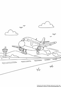 Darmowa Kolorowanka Samolot dla dzieci - samolot startuje z lotniska