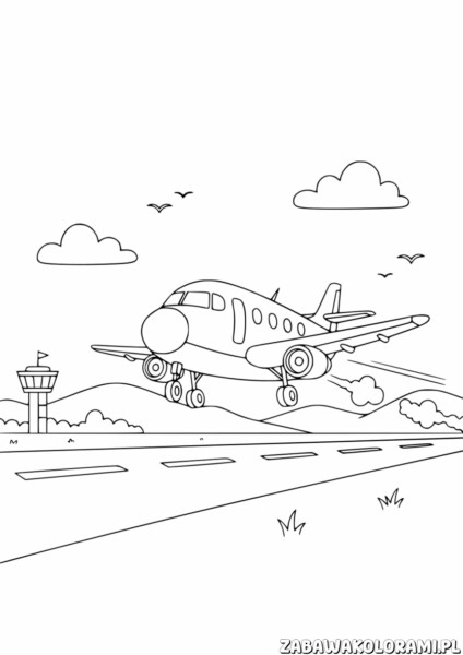 Darmowa Kolorowanka Samolot dla dzieci - samolot startuje z lotniska