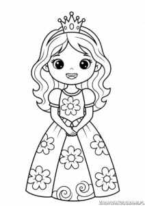 Darmowa Kolorowanka Księżniczka: księżniczka w kwiatowej sukience i diademie