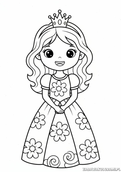 Darmowa Kolorowanka Księżniczka: księżniczka w kwiatowej sukience i diademie