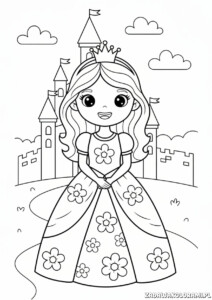 Darmowa Kolorowanka księżniczki - kolorowanka z księżniczką w długiej sukni kwiatowej i koroną.