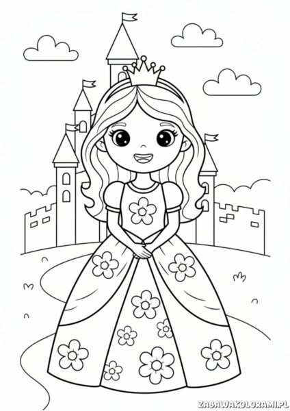 Darmowa Kolorowanka księżniczki - kolorowanka z księżniczką w długiej sukni kwiatowej i koroną.