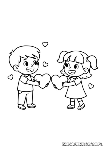 Darmowa kolorowanka Walentynkowa z dwójką dzieci trzymających serduszka