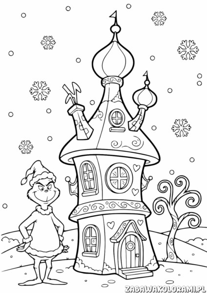 Dom Grinch Kolorowanka - Grinch w czapeczce Mikołaja przed domem z cebulastymi kopułkami