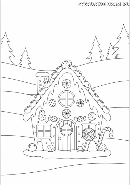 Domek z piernika kolorowanka przedstawia dom z piernika ozdobiony słodyczami i umieszczony na tle zimowych krajobrazów