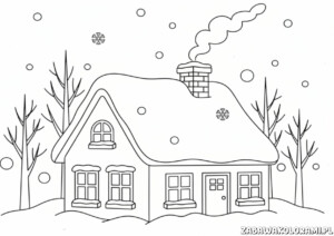 Domek zima kolorowanka – dom, drzewa i śnieżyczki do kolorowania