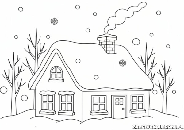 Domek zima kolorowanka – dom, drzewa i śnieżyczki do kolorowania