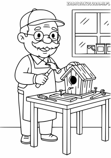 Dziadek kolorowanka: stary dziadek buduje domek dla ptaków w warsztacie