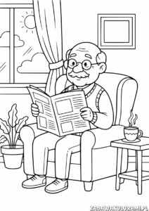 Dziadek kolorowanka - czytanie gazety, czytanie gazety, kolorowanka dla dzieci