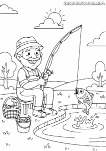 Dziadek rybak kolorowanka - rybak z wędką przy stawie z rybami