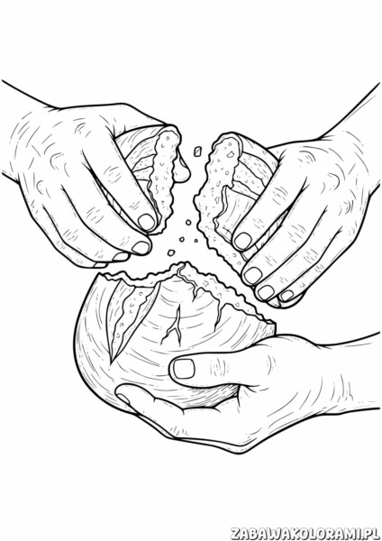 Dzielenie się chlebem - kolorowanka religijna z rysunkiem chleba i dłoni