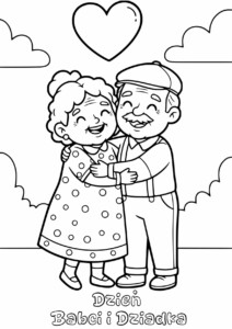 Dzień Babci i Dziadka - kolorowanka z babcią i dziadkiem w objęciach pod sercem i chmurami