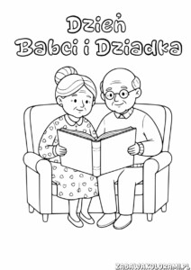 Dzień Babci i Dziadka - kolorowanka z babcią i dziadkiem na kanapie z książkami