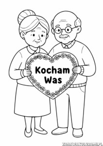 Dzień Babci i Dziadka kolorowanka - babcia i dziadek trzymają serce z napisem Kocham Was