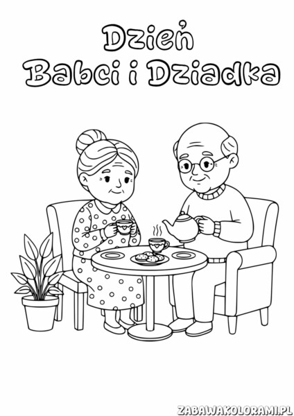Dzień Babci i Dziadka kolorowanka - babcia i dziadek piją herbatę