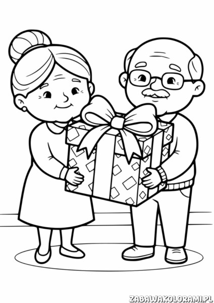 Dzień Babci i Dziadka kolorowanka - Babcia i dziadek prezentujący prezent