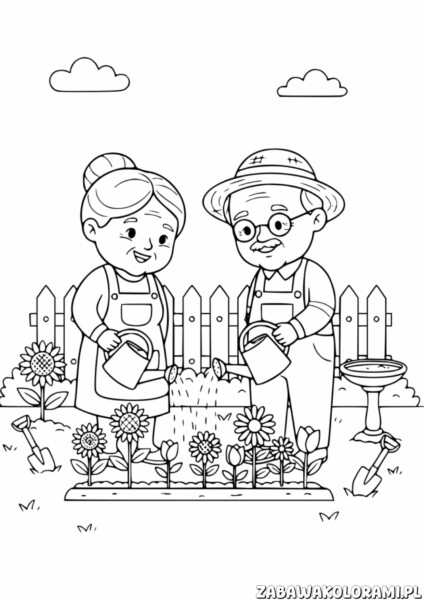 Dzień Babci i Dziadka w ogrodzie kolorowanka z babcią i dziadkiem uprawiającymi kwiaty
