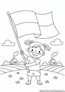 Dziewczynka z polską flagą 11 listopada kolorowanka. Dziewczynka trzymająca flagę na tle krajobrazu z domami i pagórkami.