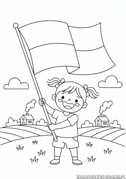 Dziewczynka z polską flagą 11 listopada kolorowanka. Dziewczynka trzymająca flagę na tle krajobrazu z domami i pagórkami.