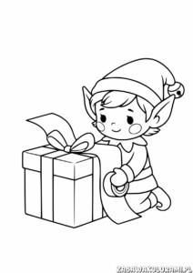 Elf pakuje prezent świąteczny Kolorowanka - pomaluj go i spraw, by święta były jeszcze kolorowszą przygodą!