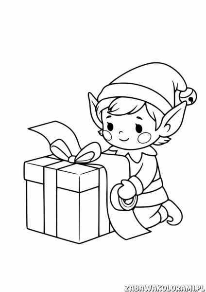 Elf pakuje prezent świąteczny Kolorowanka - pomaluj go i spraw, by święta były jeszcze kolorowszą przygodą!