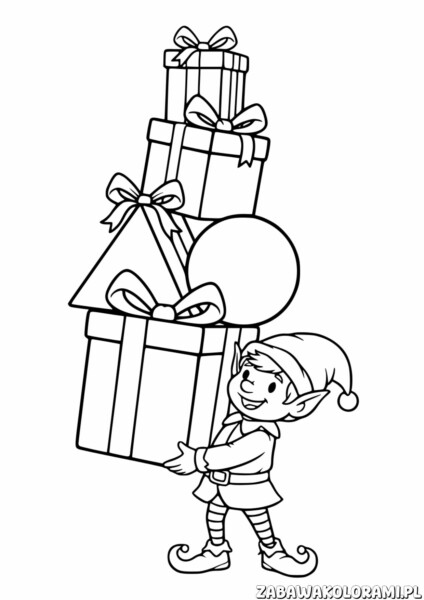 Elf z prezentami - Kolorowanka świąteczna. Elf niesie duży prezent, otoczony stertą pakunków