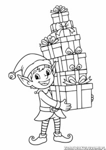 Elf z prezentami świątecznymi Kolorowanka - elf niesie kolorowe prezenty