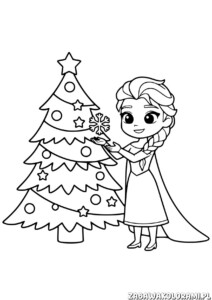 Elza z Krainy Lodu – choinka kolorowanka: Elsa ozdabia choinkę śnieżynką