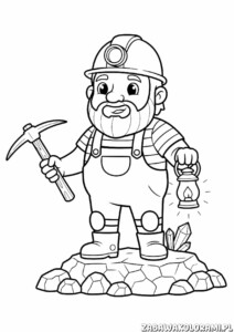 Górnik – Kolorowanka Barbórka: górnik z narzędziami i kamieniami