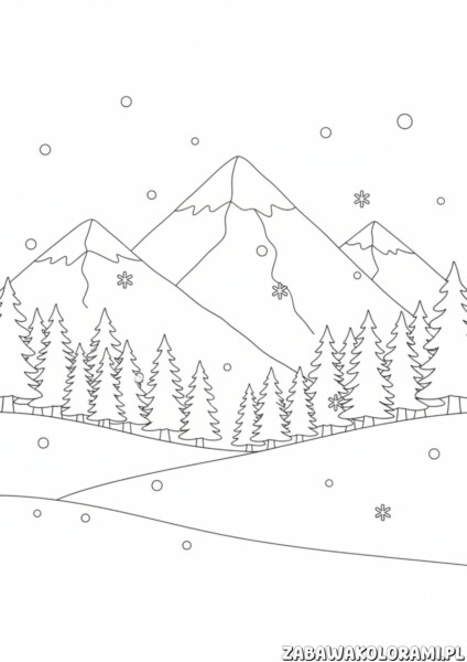 Góry zimą kolorowanka - maluj zimową przyrodę