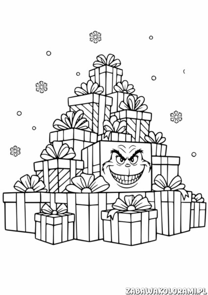 Grinch Kolorowanka prezenty: kolorowanka z Grinchem i prezentami